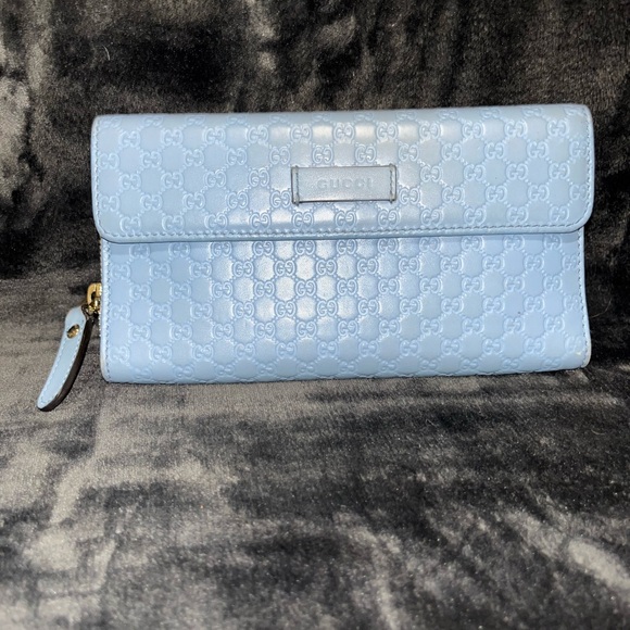 GUCCI MICRO GUCCISIMA ZIP AROUND LONG LEATHER CONTINENTAL WALLET MINERAL BLUE - Picture 3 of 3